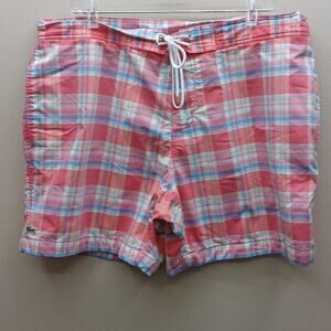 Lacoste Men's Plaid Bathing Crocodile Swim Trunks Board Shorts Pink Blue Size XL